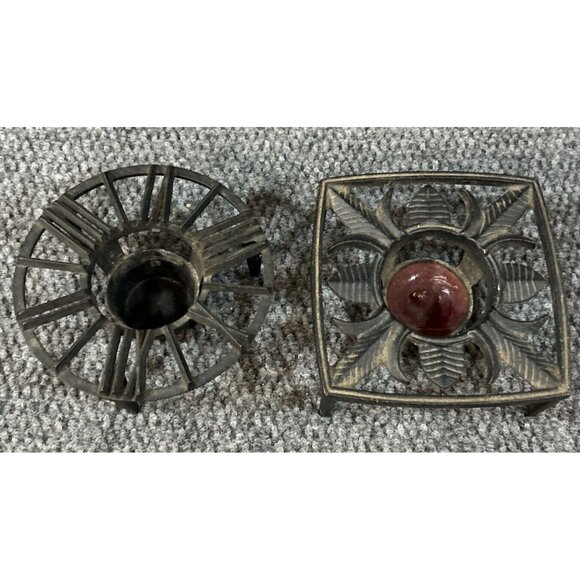 (2) Vtg Cast Iron Candle Holder Pyrex Other Black Legs Stand - Picture 1 of 14